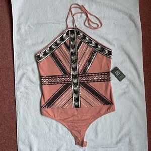 Express Soft Pink Tribal Sequined Bodysuit